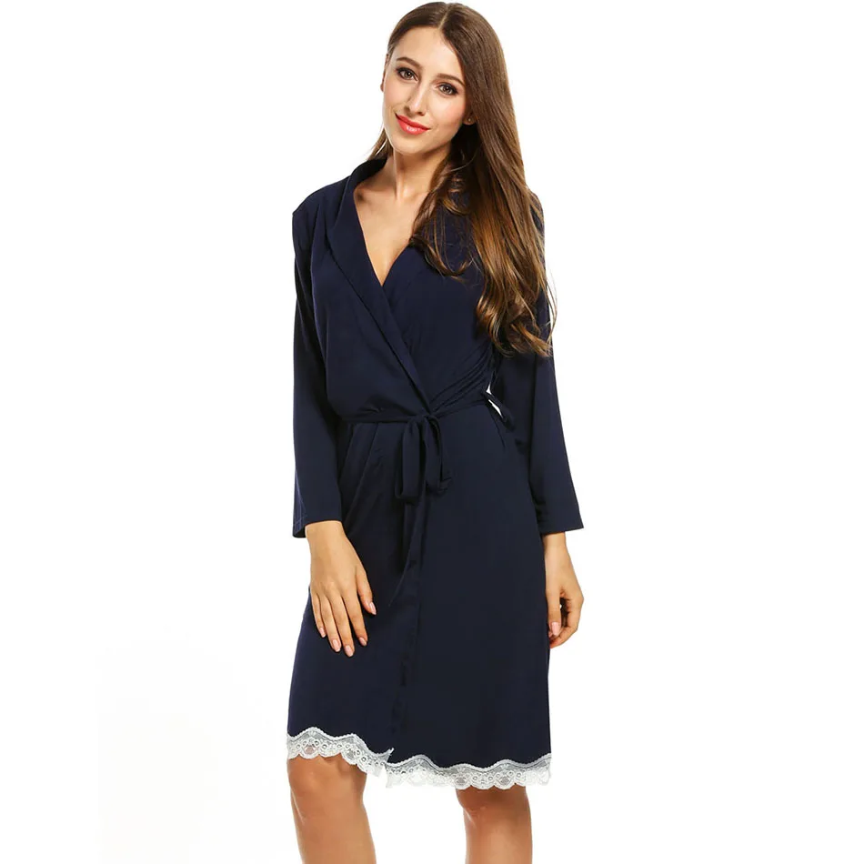 Navy Blue Ekouaer, женское хлопковое кимоно, халат, с отложным воротником, ночная рубашка, Кружевной декор, туника, тонкая одежда для сна, халат с поясом, женская ночная рубашка - Цвет: Navy Blue