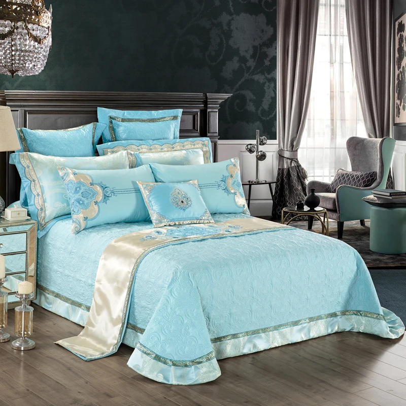 2018 Европейский озерно голубой комплект постельного белья из шелка и хлопка с