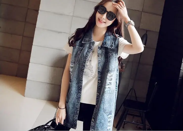 Винтажный джинсовый жилет с дырками в стиле Харадзюку 2018|gilet femme|denim vest jeansjeans women |
