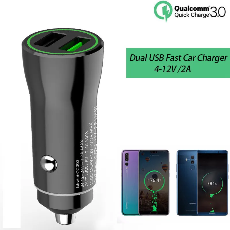 Автомобильное умное зарядное устройство QC3.0 с двумя USB портами и светодиодным