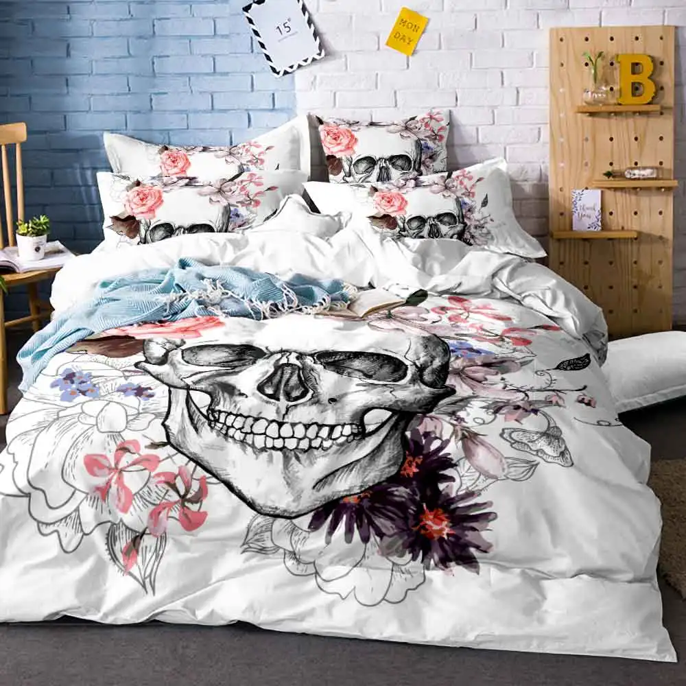 

Luxury Colorful Skeleton Floral Duvet Cushion Cover Bedding Set Queen Size Super Soft Bedclothes Flowers Printed Bedding Sets E