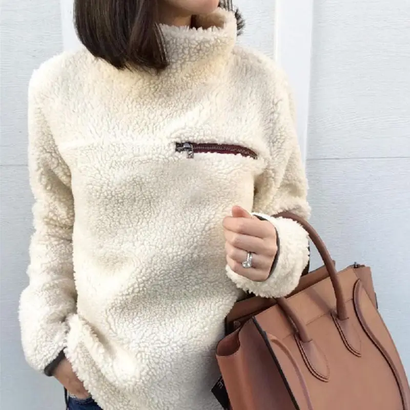 Fashion Turtleneck Sweater Women Pullover Tops Fluffy Fleece Warm Autumn Winter Long Sleeve Ladies Zip Solid Sweaters Jumper | Женская