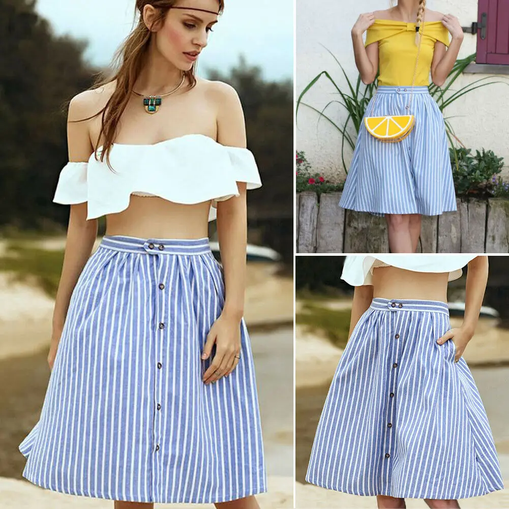 Новая модная повседневная Летняя юбка для женщин и девочек эластичная Полосатая