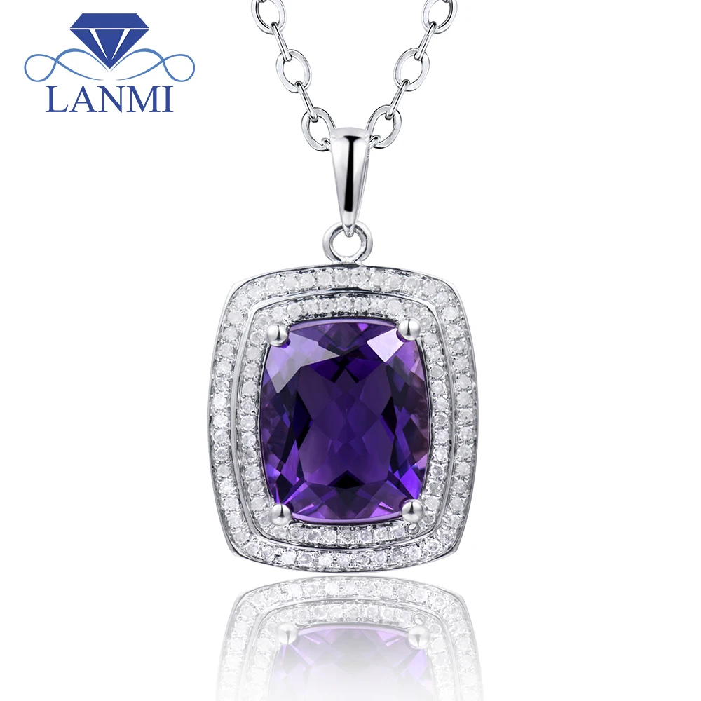 

Women Pendant Fine Jewelry Amethyst Pendant 11x13mm Cushion Cut In Real 14KT White Gold Pendant For Female Engagement Party Gift