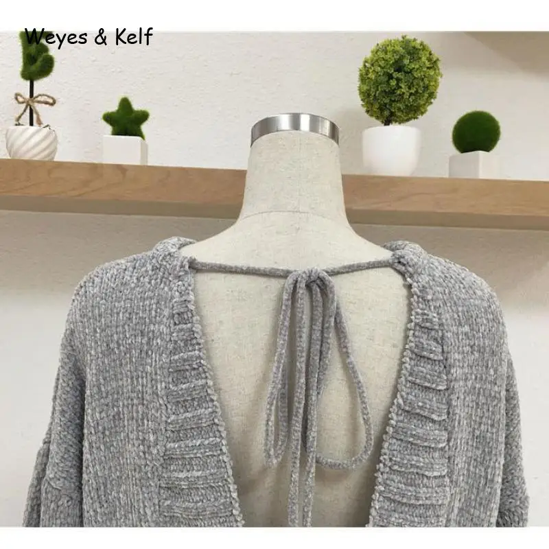 Weyes &amp Kelf Casual Lace Up Solid Women Sweaters And Pullovers 2020 Winter Knitted Loose Bat Sleeve Backless Sweater Female | Женская