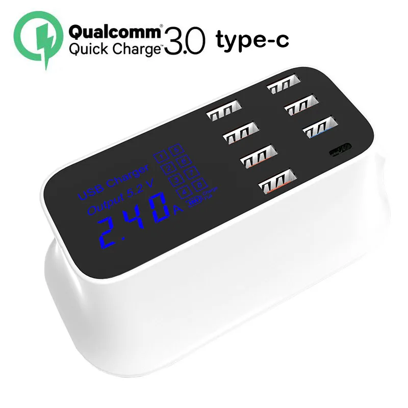 Зарядное устройство с 8 USB портами 40 Вт быстрая зарядка 3 0 дюйма Type c светодиодный