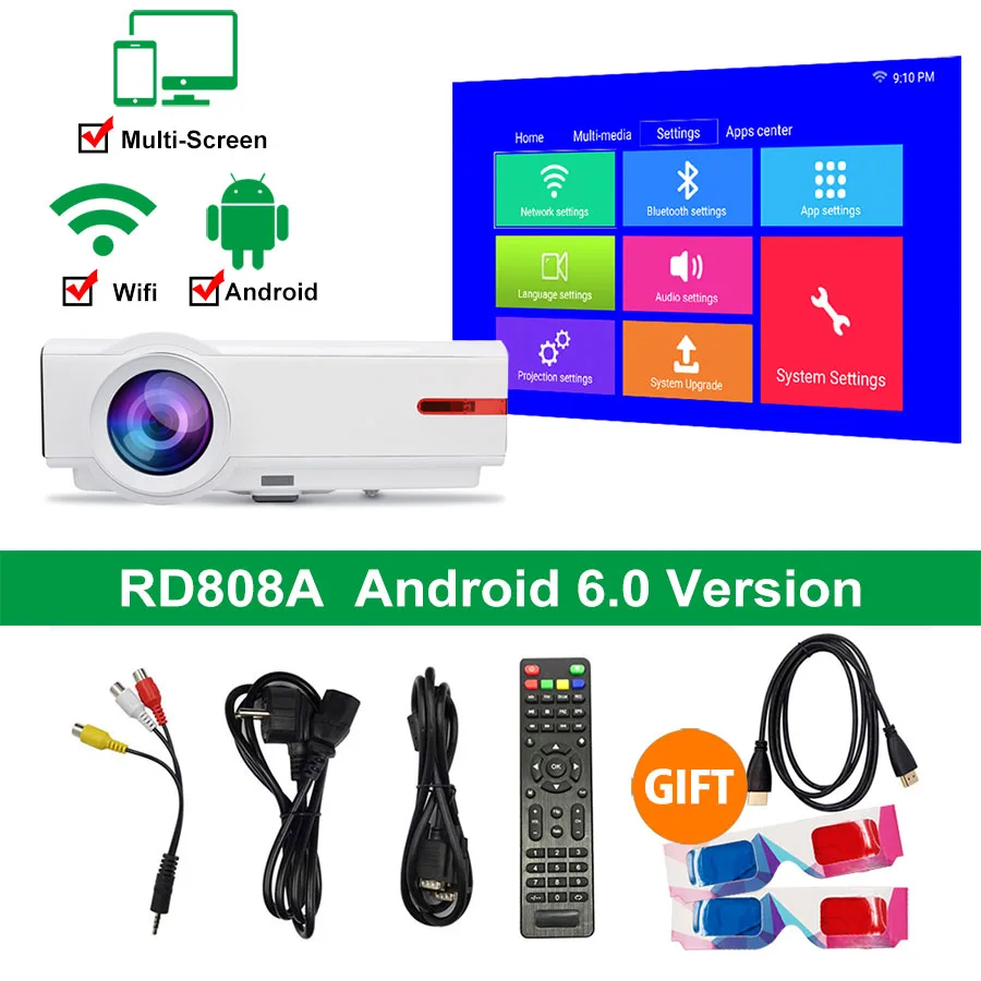 Android Version Rigal проектор RD808A 5500 люмен HD проектор светодиодный wifi 6,0 Android 3D проектор RD808 1280*800 lcd HDMI VGA USB tv видео проектор - Цвет: Android Version