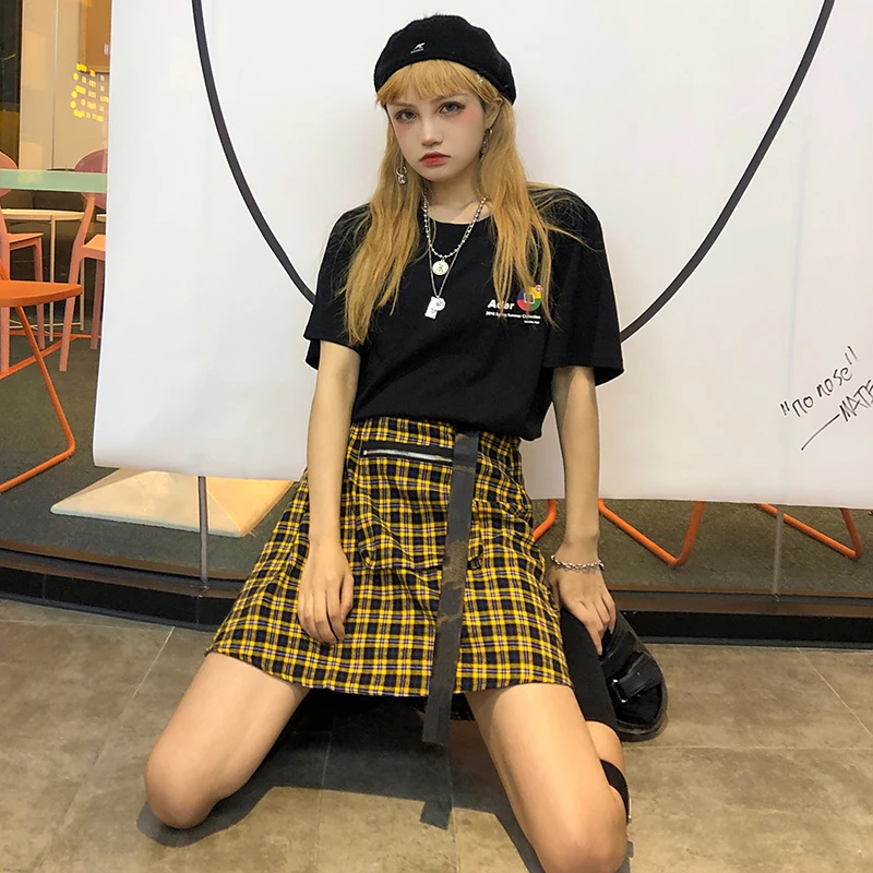 Harajuku юбка женская клетчатая с карманом Высокая талия Sweetwear гранж Стиль