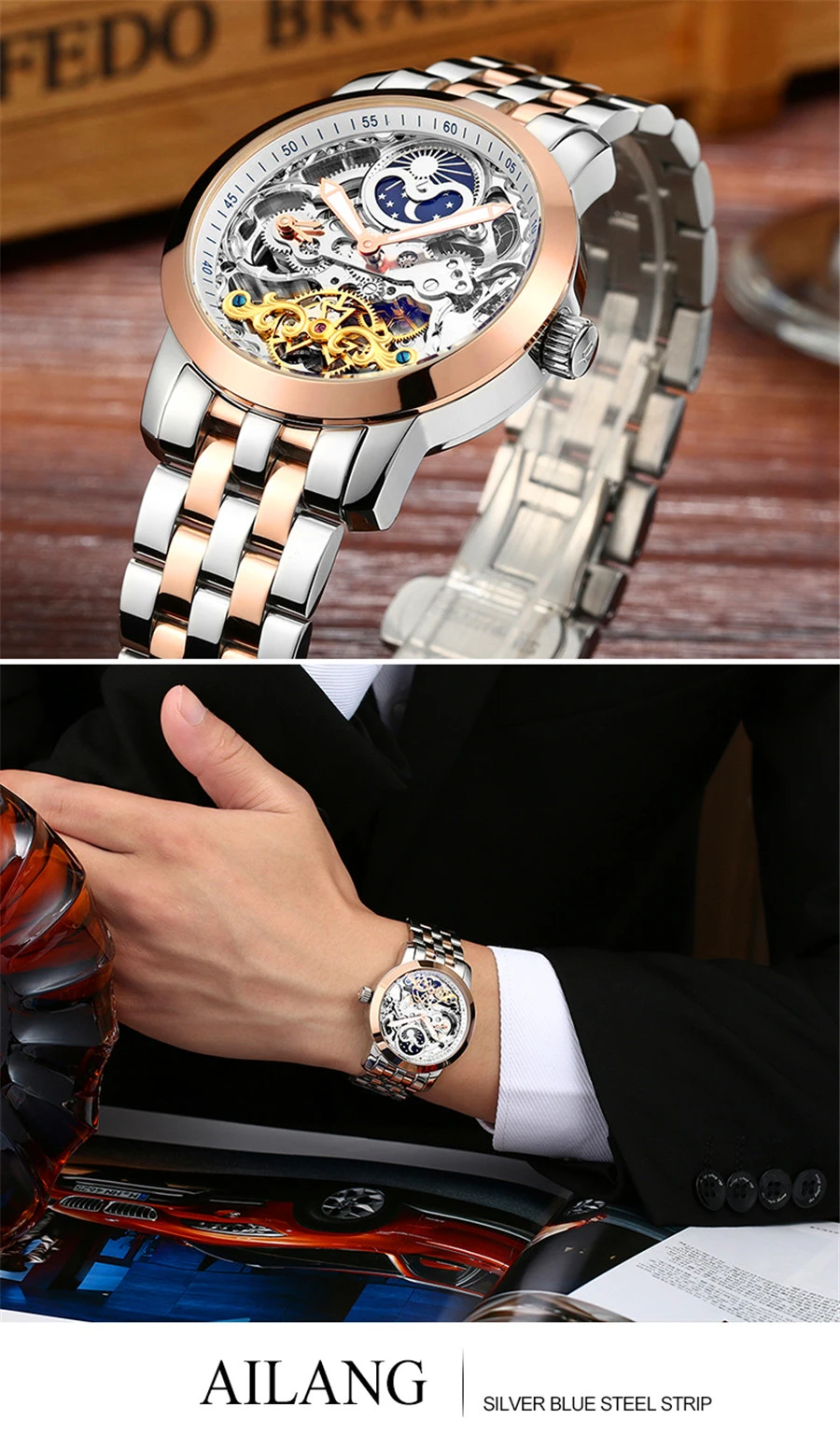 Скелет для мужчин механические часы Автоматические полые Tourbillon часы модные мужские водостойкие 50 м Спорт Луна часы с фазами Relogio