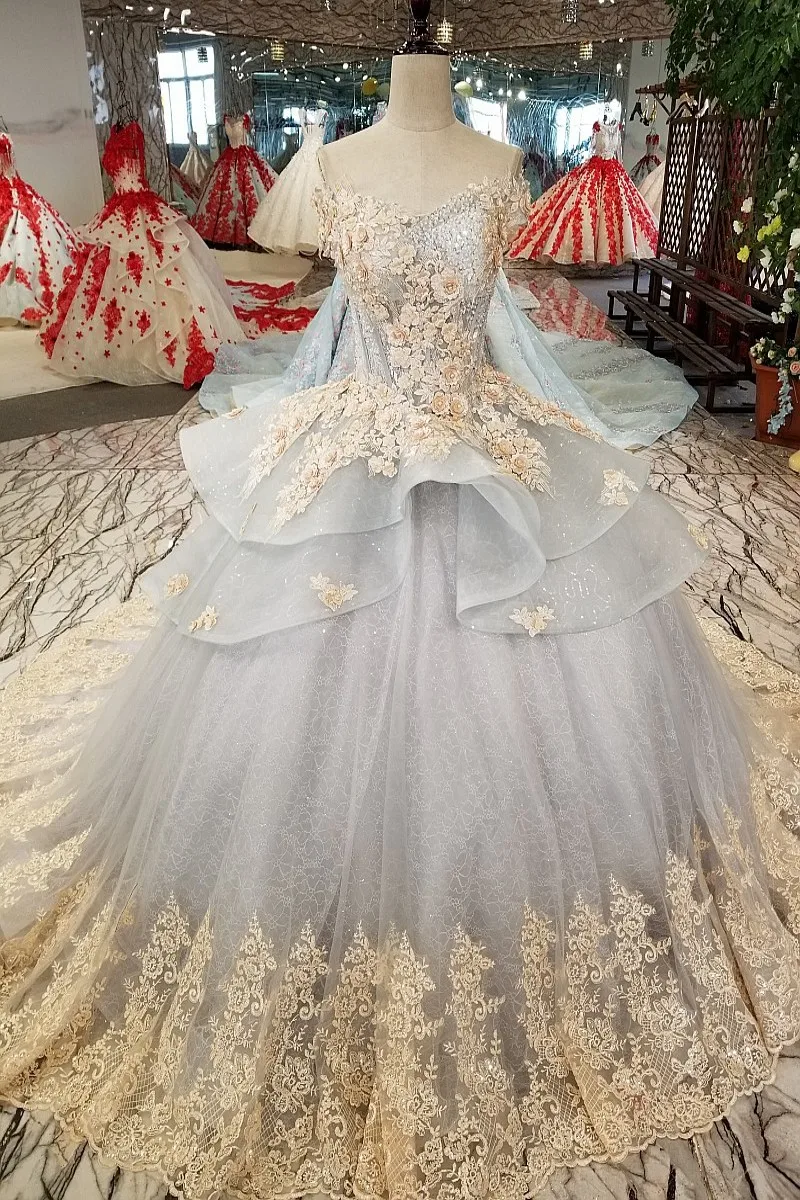 AOLANES 2018 Vintage Gray Tulle Sweetheart Sleeveless Wedding Dresses Cathedral Train Lace Up Off The Shoulder Bridal Gowns Real | Свадьбы и