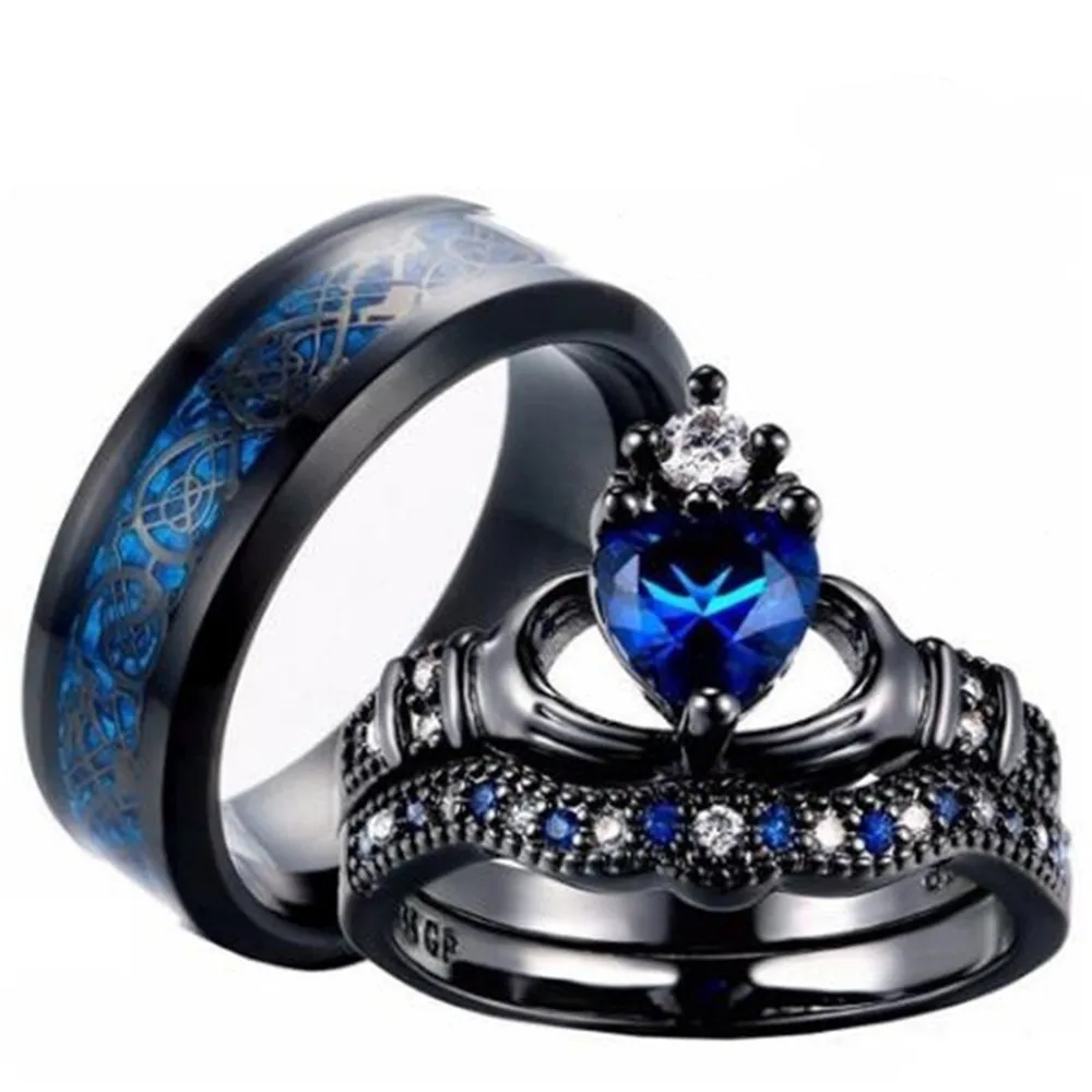 Fashion Couple Rings Stainless Steel Rock Crystal Men's Band Filled Claddagh Ring Heart Women's Wedding Sets | Украшения и