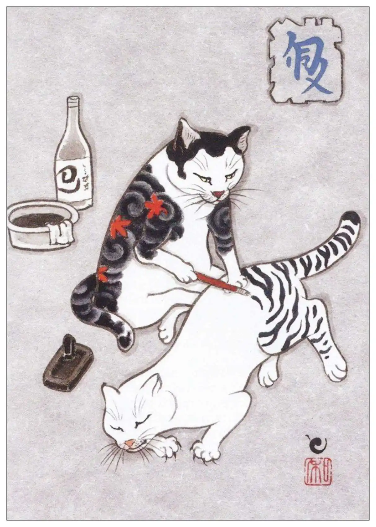 Японский кот-Самурай, тату Кот, плакат, настенный арт, домашний декор, белая бумага с покрытием, печать, настенная наклейка