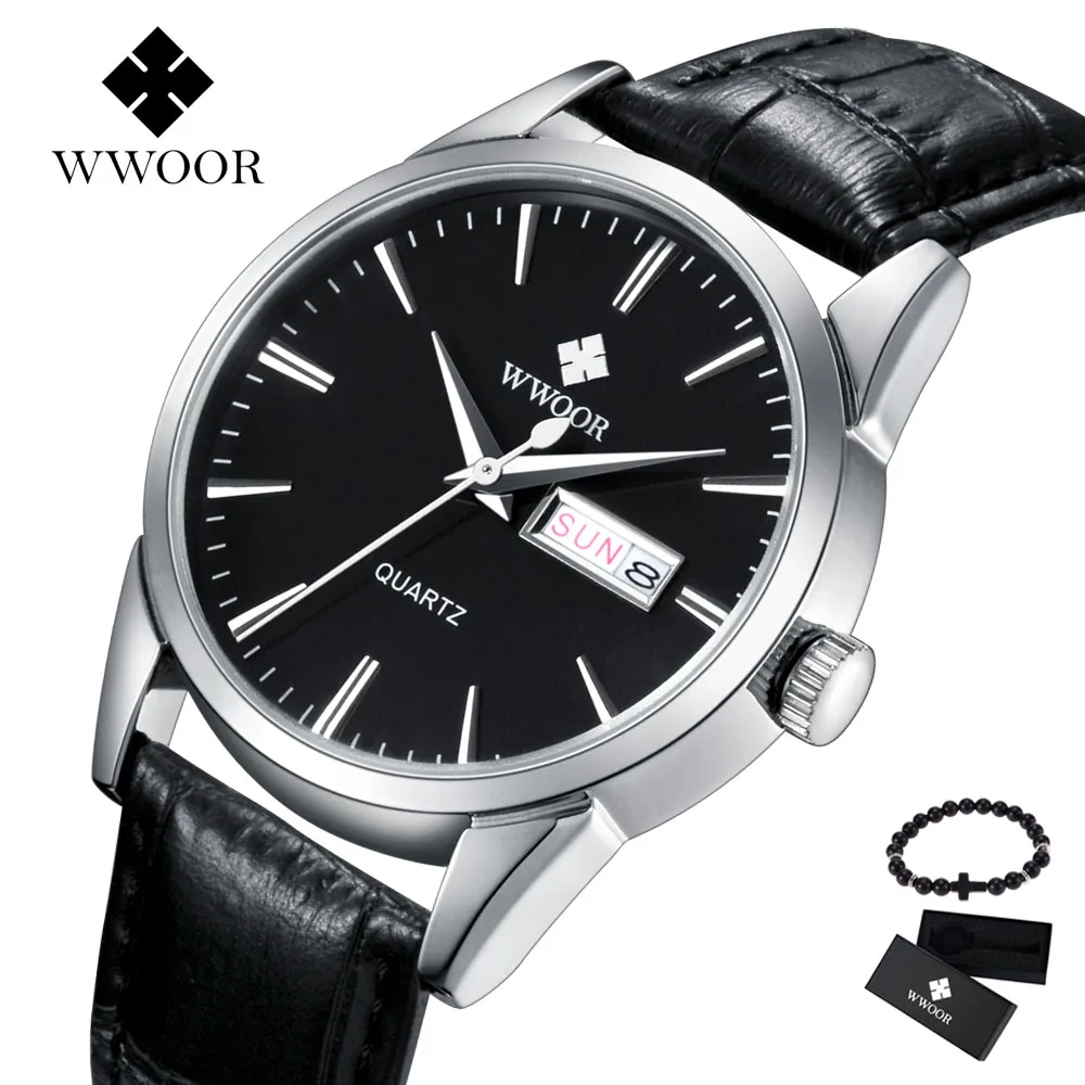 Black silver WWOOR Топ бренд военные часы мужские модные повседневные кожаные спортивные кварцевые часы наручные мужские часы с датой и днем Relogio Masculino - Цвет: Black silver