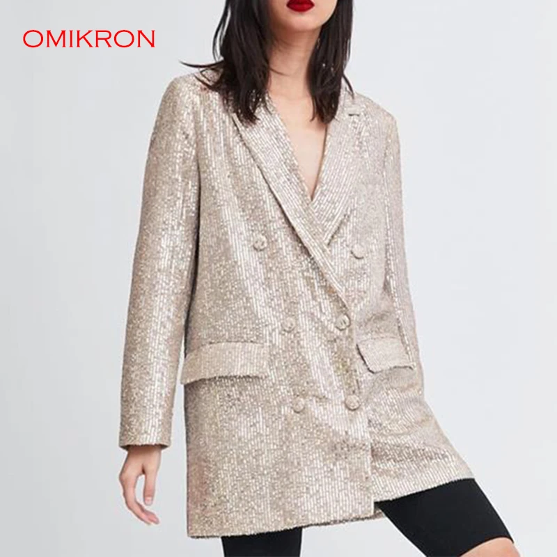 Женский винтажный пиджак OMIKRON свободный с длинными рукавами и блестками 2019 |