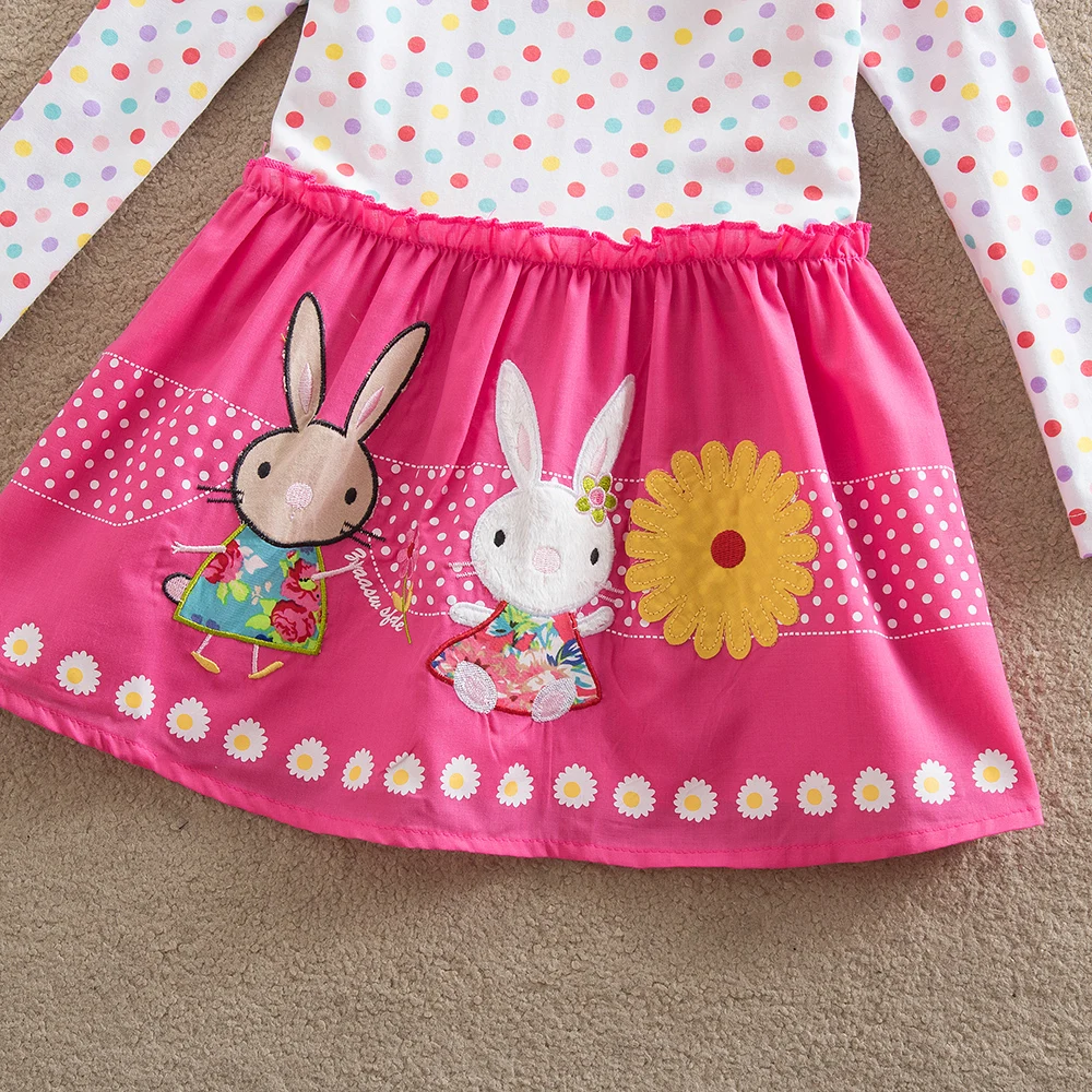 Платье с длинными рукавами для девочек; сезон весна-осень; vestidos Infantil; платье для девочек с вышитым кроликом; Детские платья для девочек; LH4829