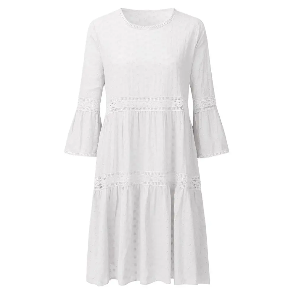 White Hollow Out Ruched Knee-Lgenth dress woman Three-Quarter Sleeve beach dress woman basic O-Neck dresses summer - Color: White