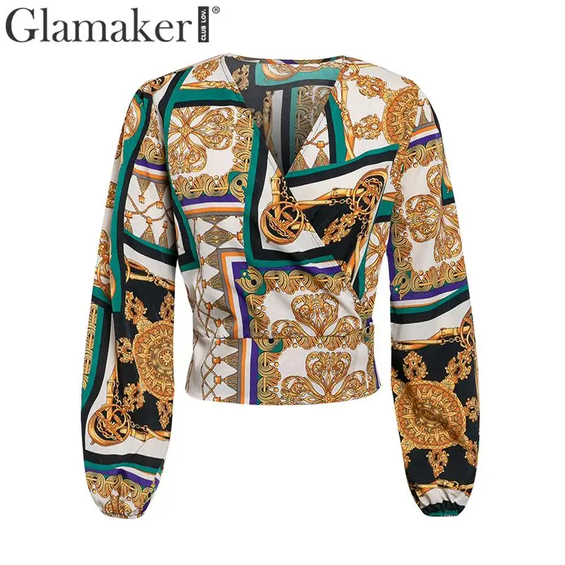 Glamaker Женские топы и блузки с цепным принтом и v-образным вырезом рубашка Топ Женская рабочая одежда элегантная шифоновая рубашка с длинным рукавом женская блузка