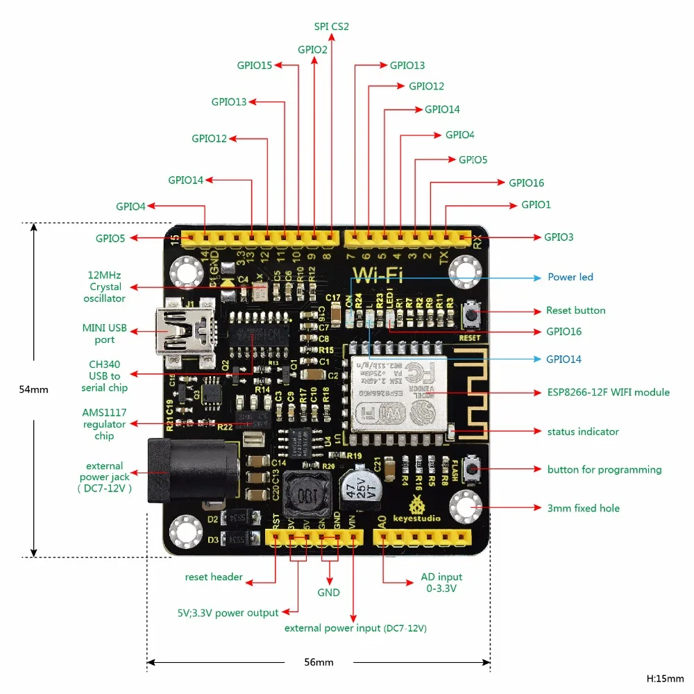 Макетная плата Keyestudio ESP8266 с Wi Fi + USB кабель для Arduino/на основе 12F WIFI/Поддержка RTOS