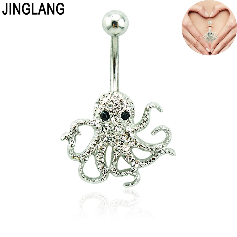 JINGLANG Модные кольца для живота 316L штанга Нержавеющая Сталь Белый Стразы Осьминог