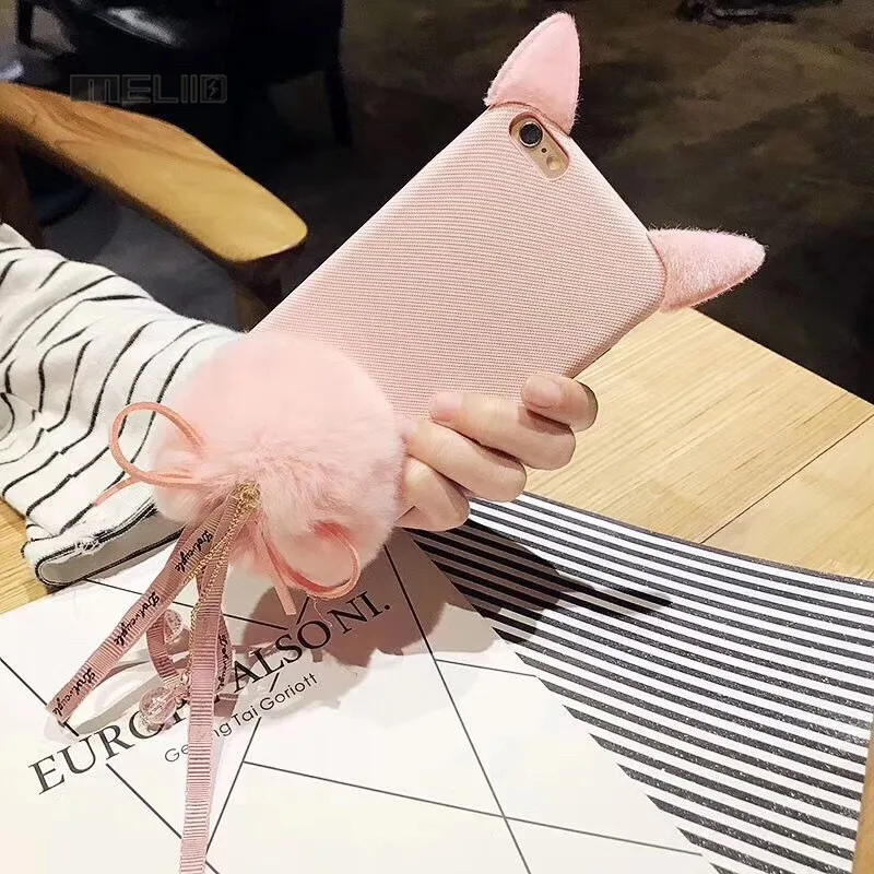 Luxury Fox Fur Ball Phone Case For iPhone 6 6S Plus 6Plus Cut Cat Ear Cartoon Girl Winter |