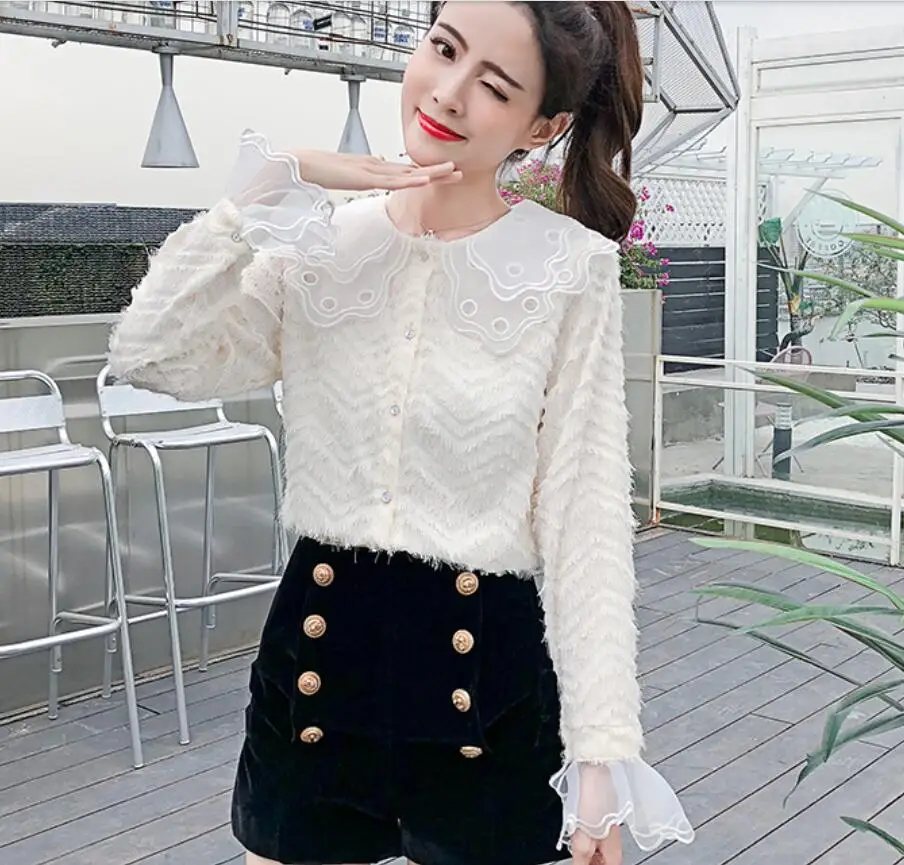 

2019 New Korean Fashion Clothing Black White Blouse Woman Peter Pan Collar Splice Lace Flare Sleeve Female Shirt Casual Tops