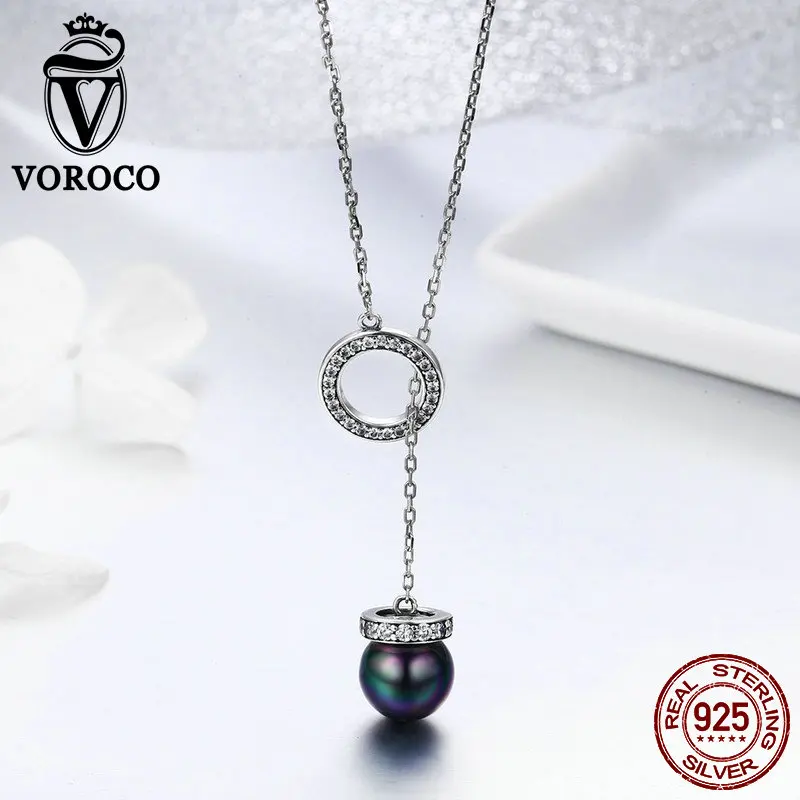 VOROCO 925 пробы серебро длинной цепочке кулон от Black Pearl, Круглый Цепочки и ожерелья Модные Стиль, хорошее ювелирное изделие, подарок Для женщин ожерелье BKN200