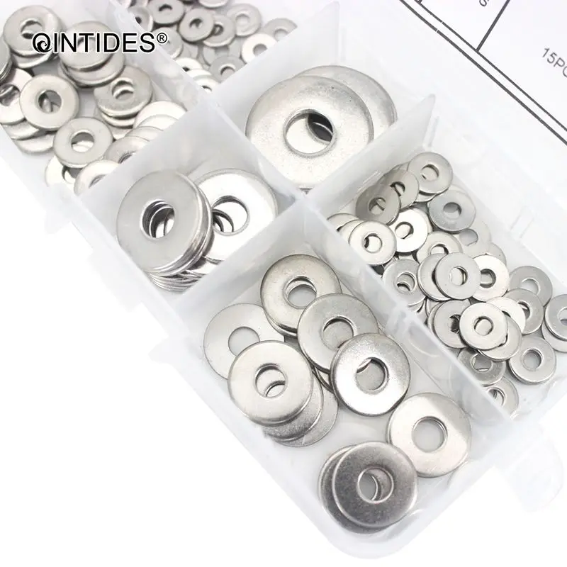 Qinstindes 150 штук M2.5 M3 M4 M5 M6 M8 Mix большие простые шайбы продукт класса А Ассорти Комплект ISO7093 DIN9021 шайба