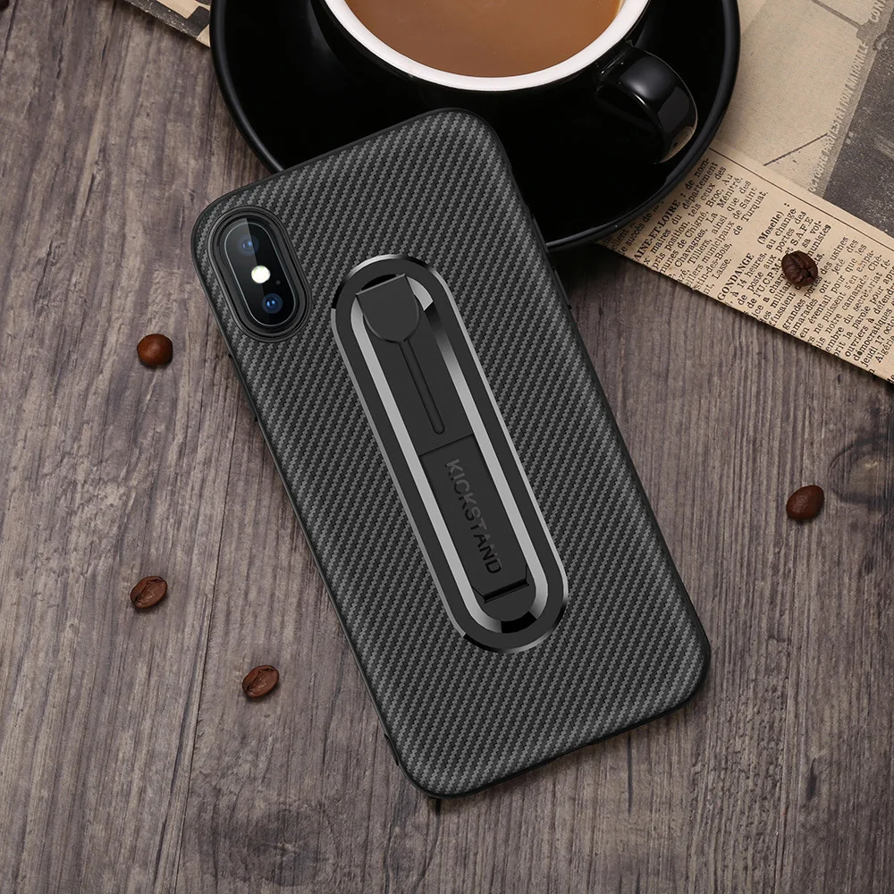 For iPhone X Case 8 7 Plus 6 6s Stand With Invisible Bracket Soft TPU Cover for XS MAX XR Half Wrapped Carbon Fiber |