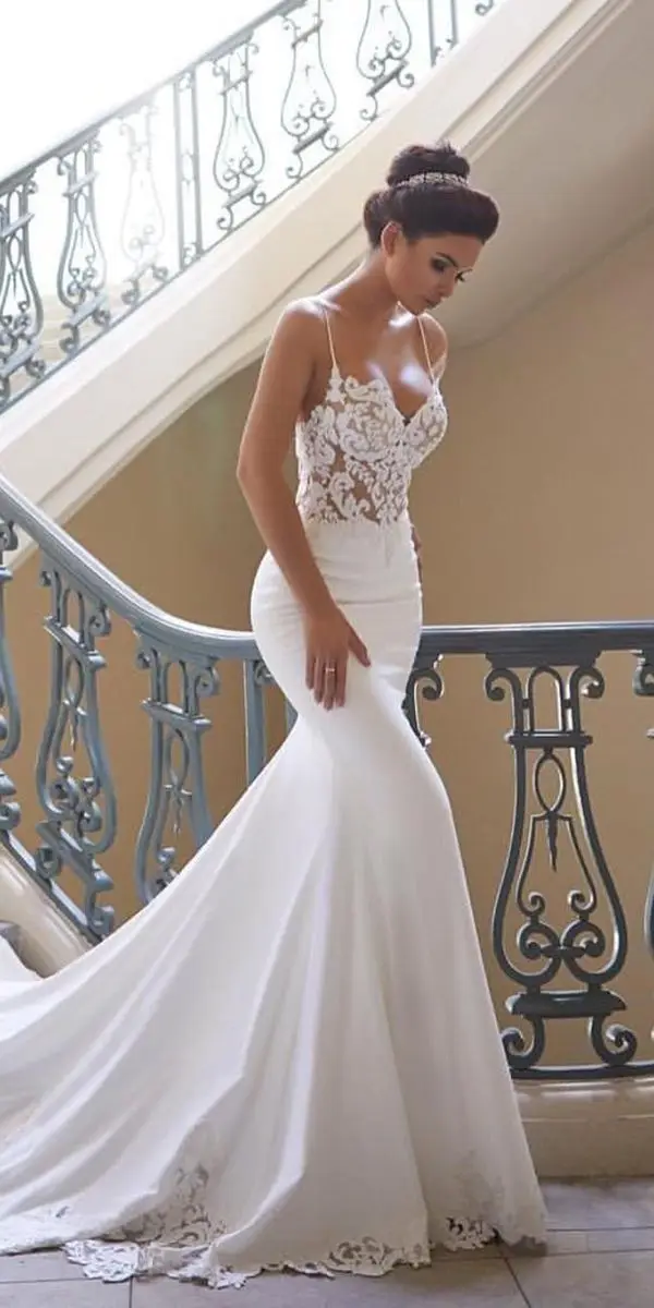 White Русалка свадебное платье на тонких бретелях Vestidos De Novia Винтаж кружевом и вырезом сердечком, свадебное платье Свадебные платья без спинки - Цвет: White