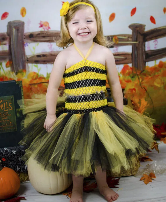 Милое Платье-пачка для девочек с желтыми пчелами детское Двухслойное вязаное