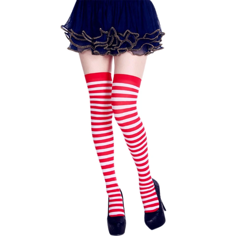 1 Pair Womens Long Striped Socks Contrast Color Thigh High Stockings Cosplay Halloween Socks Women Personality Long Socks