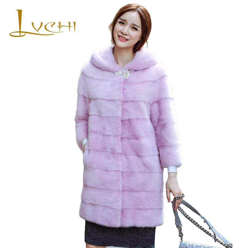 LVCHI simple Shuba Winter Natural Mink Fur Coat Women's Fashion All-match Safari style With a hat suitable Robe Femme coat