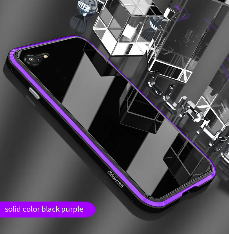 Solid Black Purple LUPHIE красочный лазерный чехол Aurora для iPhone X XS 8 7 Plus роскошный чехол s Прозрачная Стеклянная задняя крышка для iPhone 8 7 Plus металлический бампер - Цвет: Solid Black Purple