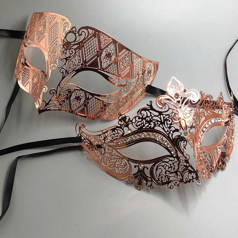 Женская и мужская блестящая маска цвета розового золота с лазерной вырезкой|prom