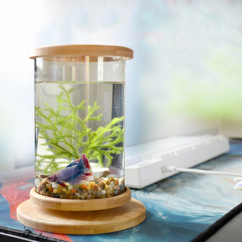 1 шт. стеклянный аквариум Betta, Бамбуковая основа, мини аксессуары для украшения, вращающаяся миска, аксессуары для аквариума, 1 шт