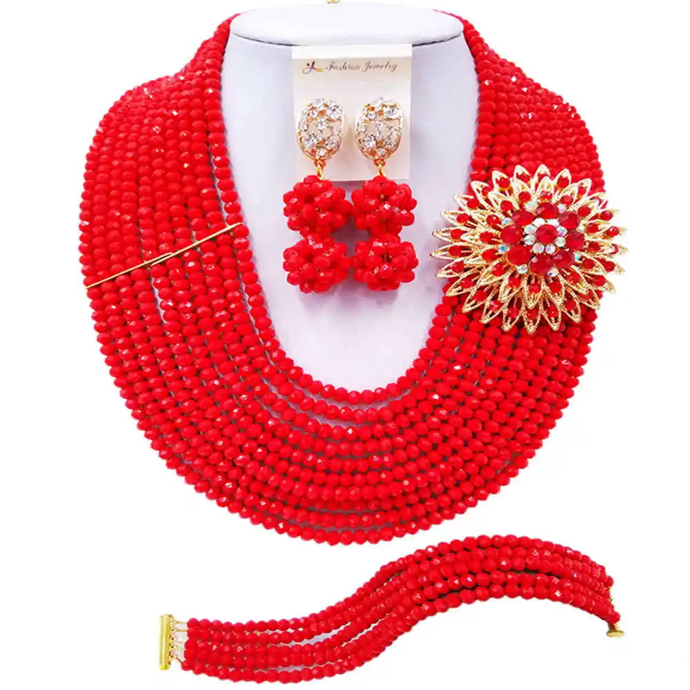 

ACZUV Opaque Red Beads Crystal Jewelry Set African Necklace Nigerian Wedding Jewelry Sets 10C-DS009