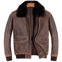 mens brown air force flight leather jacket vintage wool collar plus size genuine cowhide winter russian aviator pilot coat male
