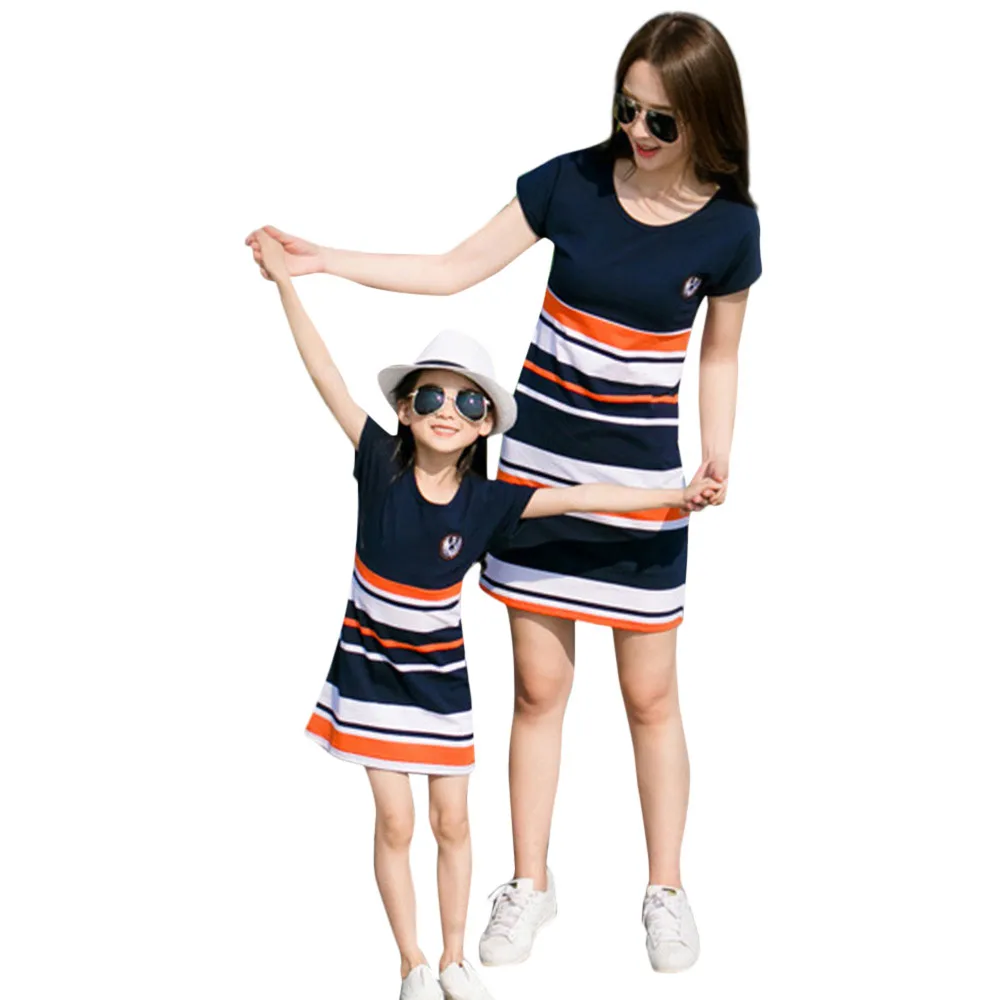 SAGACE мама и я дети девочки полосатый буквенный принт семья короткий рукав платье