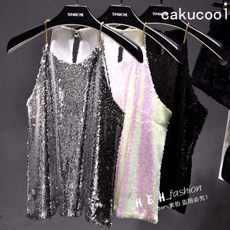Cakucool майки майка Для женщин металлической цепью Спагетти вечерние блеск бретели