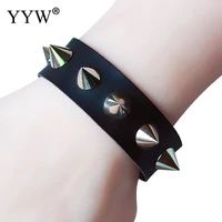 2022 new unisex women men punk black bracelet silver color spike rivet cone black pu leather cuff wristband adjustable bracelets