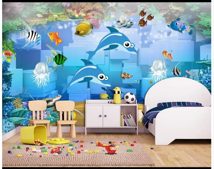 Пользовательские 3d обои фрески 3D Мультяшные дельфин фэнтези подводная лодка мир