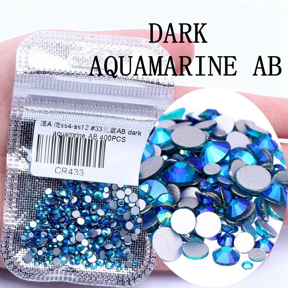 33 DARK AQUAMARI AB Стразы для нейл-арта, 60 цветов, 400 шт, микс из SS4-SS12, стеклянные стразы с плоской задней стороной, Стразы для ногтей, 3D украшения - Цвет: 33 DARK AQUAMARI AB