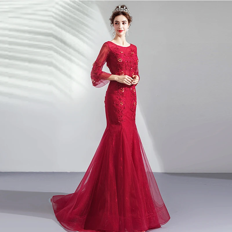 Elegant Burgundy Evening Dresses Three Quarter Length Sleeves Formal Party Gowns Mermaid Style Wedding | Свадьбы и торжества