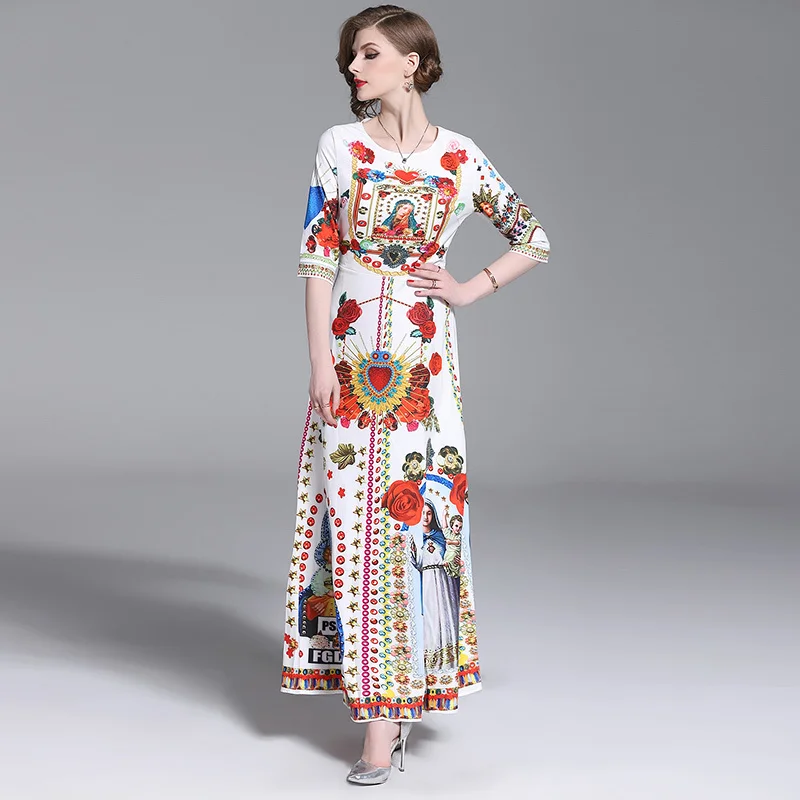 Picture color Подиумное Макси-платье, летнее женское платье, короткий рукав, розовое сердце, сердце, цветочный принт, роскошное повседневное Ретро Элегантное Длинное Платье - Цвет: Picture color