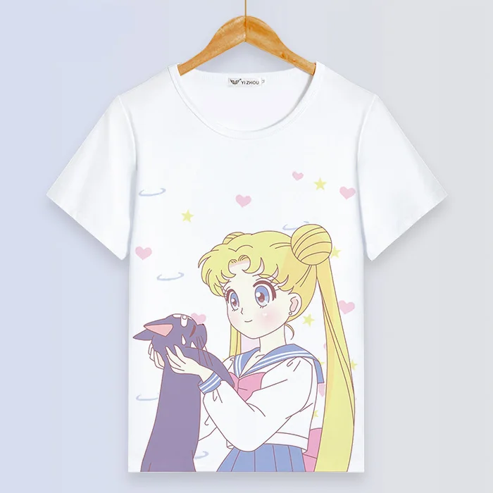 Сейлор Мун Сексуальная Женская белая футболка Kawaii Луна кошка живопись Femme Футболка мультфильм короткий рукав летние топы Harajuku одежда - Цвет: 22