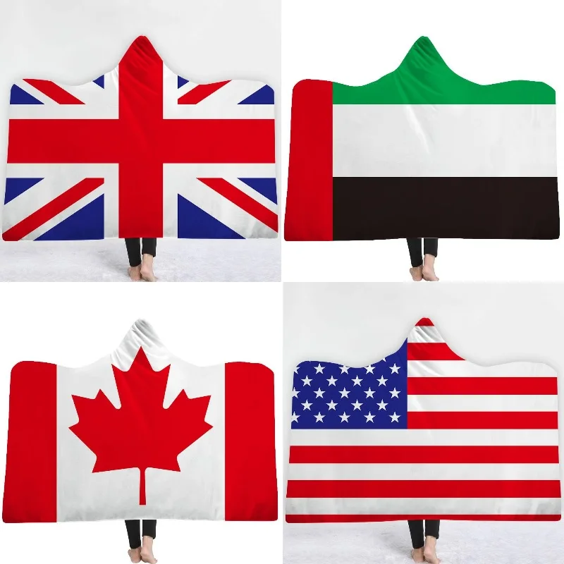 

Hooded Blanket Flag Printed 150*200cm Fleece Blanket Big Size Weighted Warm Soft Plush Wearable Throw Blanket For Adults Kids
