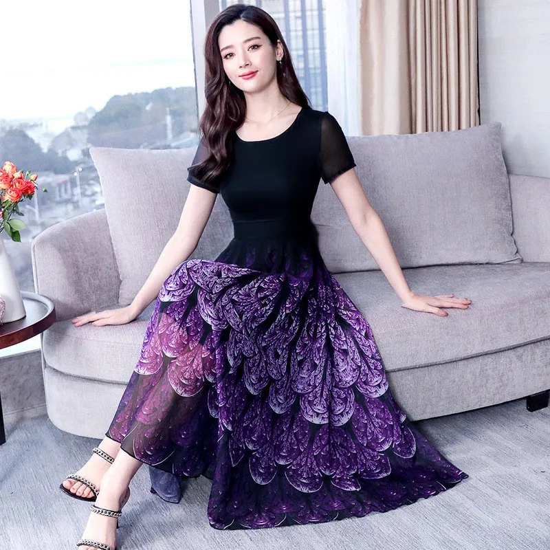 Женское винтажное длинное платье макси повседневное пляжное шифоновое с принтом