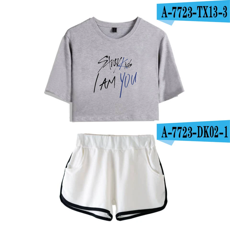 LUCKYFRIDAYF Stray Kids I Am You крутые модные летние шорты и футболки женские комплекты из двух предметов поп-кроп Топ мягкая сексуальная одежда - Цвет: gray white