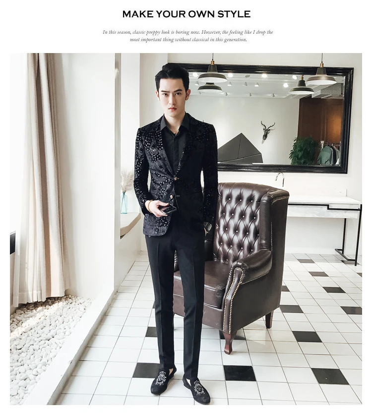 Slim Fit черный пиджак Для мужчин Новое поступление Для мужчин бархат; Размер s; блейзеры с цветочным узором Выходные туфли на выпускной платье, Блейзер Повседневное Блейзер и пиджак Для мужчин Q24