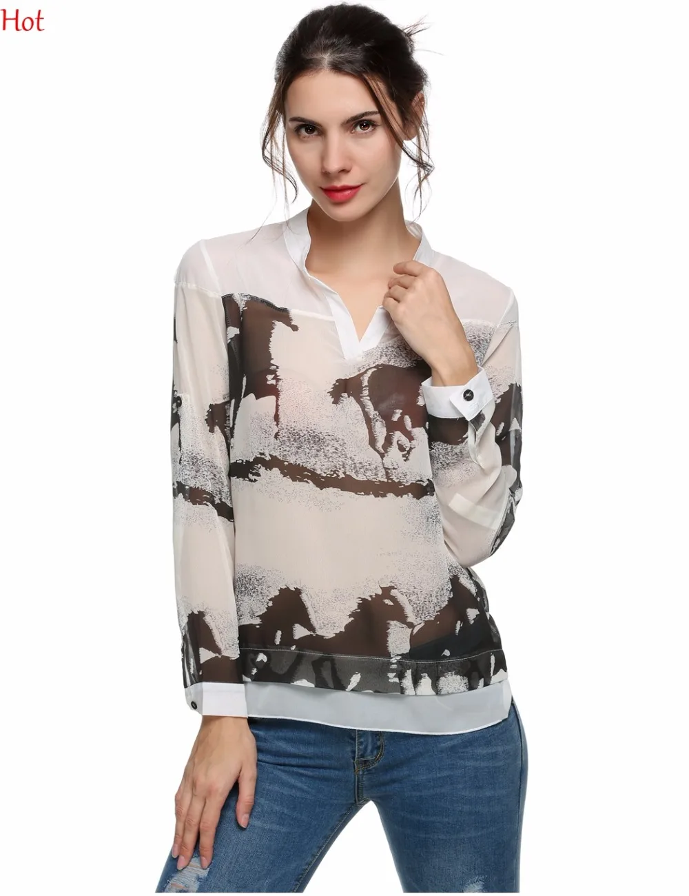 Элегантная модная женская блузка с изображением лошадей принтом чернил длинный